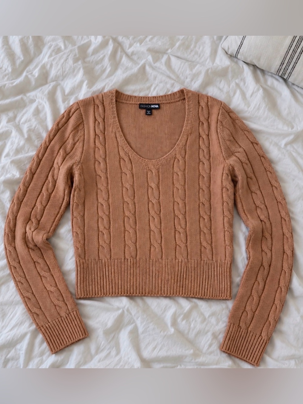 Fashion Nova Cable Scoop Neck Sweater - Camel Brown